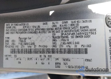 2011 Ford Fiesta Se из США, поврежденный, VIN 3FADP4BJ4BM227563